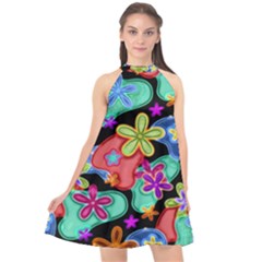 Colorful Retro Flowers Fractalius Pattern 1 Halter Neckline Chiffon Dress  by EDDArt