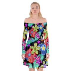 Colorful Retro Flowers Fractalius Pattern 1 Off Shoulder Skater Dress by EDDArt