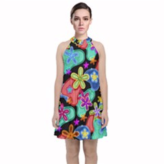 Colorful Retro Flowers Fractalius Pattern 1 Velvet Halter Neckline Dress  by EDDArt