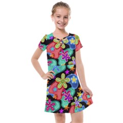 Colorful Retro Flowers Fractalius Pattern 1 Kids  Cross Web Dress by EDDArt