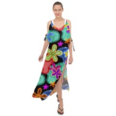 Colorful Retro Flowers Fractalius Pattern 1 Maxi Chiffon Cover Up Dress by EDDArt