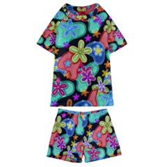 Colorful Retro Flowers Fractalius Pattern 1 Kids  Swim Tee And Shorts Set by EDDArt