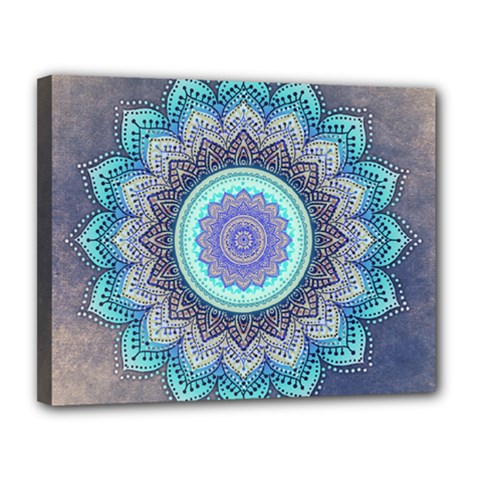 Folk Art Lotus Mandala Blue Turquoise Canvas 14  X 11  by EDDArt