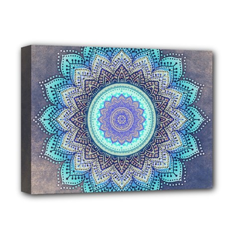 Folk Art Lotus Mandala Blue Turquoise Deluxe Canvas 16  X 12   by EDDArt