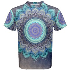 Folk Art Lotus Mandala Blue Turquoise Men s Cotton Tee by EDDArt