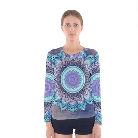 Folk Art Lotus Mandala Blue Turquoise Women s Long Sleeve Tee by EDDArt