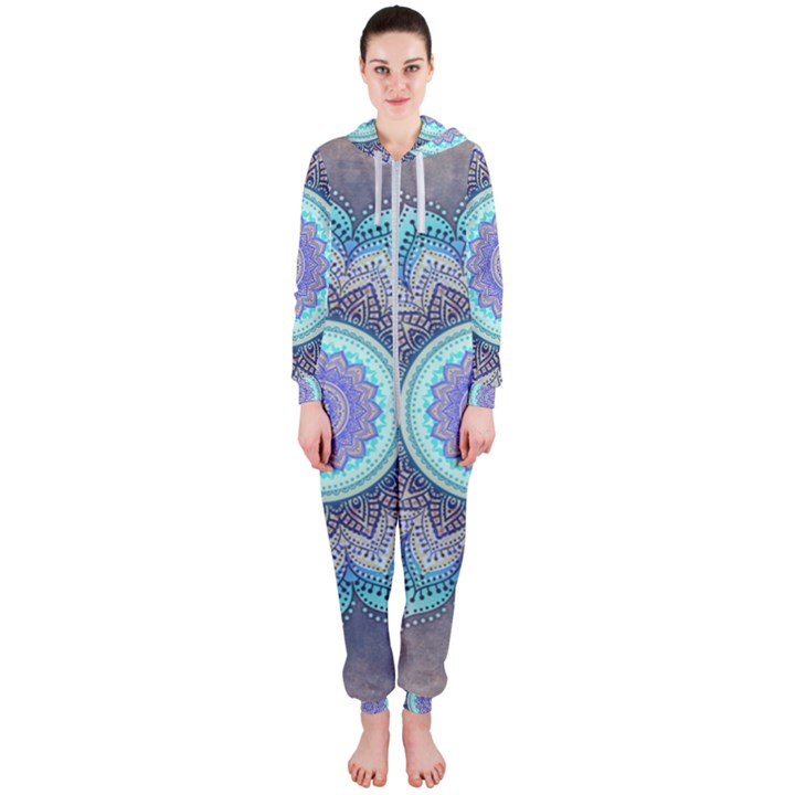 Folk Art Lotus Mandala Blue Turquoise Hooded Jumpsuit (Ladies) 