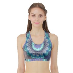 Folk Art Lotus Mandala Blue Turquoise Sports Bra With Border by EDDArt