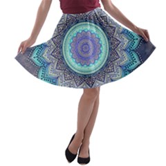 Folk Art Lotus Mandala Blue Turquoise A-line Skater Skirt by EDDArt