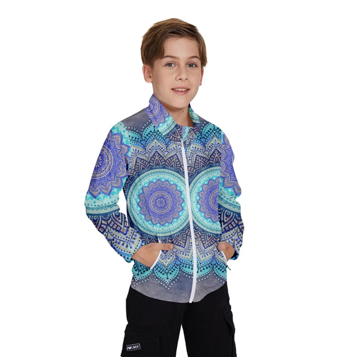 Folk Art Lotus Mandala Blue Turquoise Windbreaker (Kids)