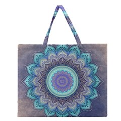 Folk Art Lotus Mandala Blue Turquoise Zipper Large Tote Bag by EDDArt