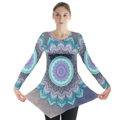 Folk Art Lotus Mandala Blue Turquoise Long Sleeve Tunic  by EDDArt