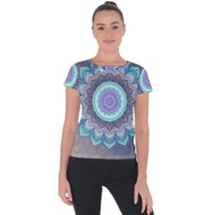 Folk Art Lotus Mandala Blue Turquoise Short Sleeve Sports Top  by EDDArt