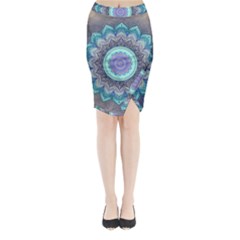 Folk Art Lotus Mandala Blue Turquoise Midi Wrap Pencil Skirt by EDDArt