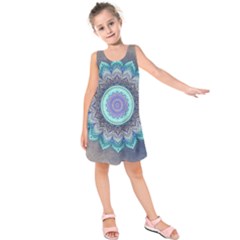 Folk Art Lotus Mandala Blue Turquoise Kids  Sleeveless Dress by EDDArt