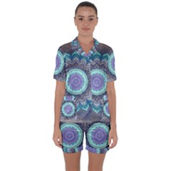 Folk Art Lotus Mandala Blue Turquoise Satin Short Sleeve Pyjamas Set