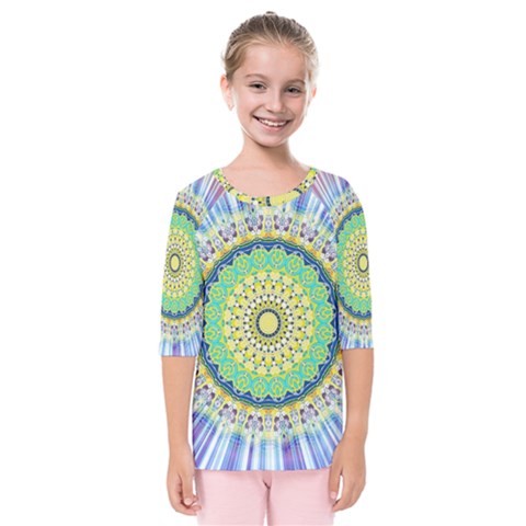 Power Mandala Sun Blue Green Yellow Lilac Kids  Quarter Sleeve Raglan Tee by EDDArt