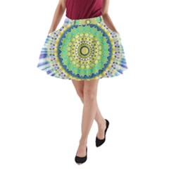 Power Mandala Sun Blue Green Yellow Lilac A-line Pocket Skirt by EDDArt