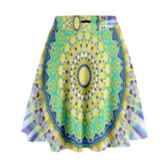 Power Mandala Sun Blue Green Yellow Lilac High Waist Skirt by EDDArt