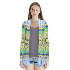 Power Mandala Sun Blue Green Yellow Lilac Drape Collar Cardigan by EDDArt