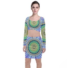 Power Mandala Sun Blue Green Yellow Lilac Long Sleeve Crop Top & Bodycon Skirt Set by EDDArt