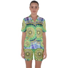 Power Mandala Sun Blue Green Yellow Lilac Satin Short Sleeve Pyjamas Set by EDDArt