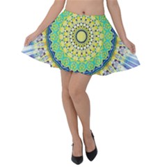 Power Mandala Sun Blue Green Yellow Lilac Velvet Skater Skirt by EDDArt