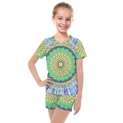 Power Mandala Sun Blue Green Yellow Lilac Kids  Mesh Tee And Shorts Set by EDDArt