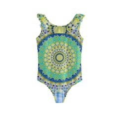 Power Mandala Sun Blue Green Yellow Lilac Kids  Frill Swimsuit by EDDArt