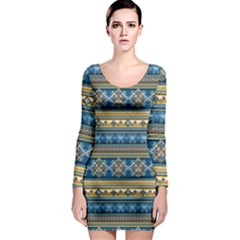 Vintage Border Wallpaper Pattern Blue Gold Long Sleeve Bodycon Dress by EDDArt