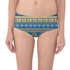 Vintage Border Wallpaper Pattern Blue Gold Mid-waist Bikini Bottoms by EDDArt