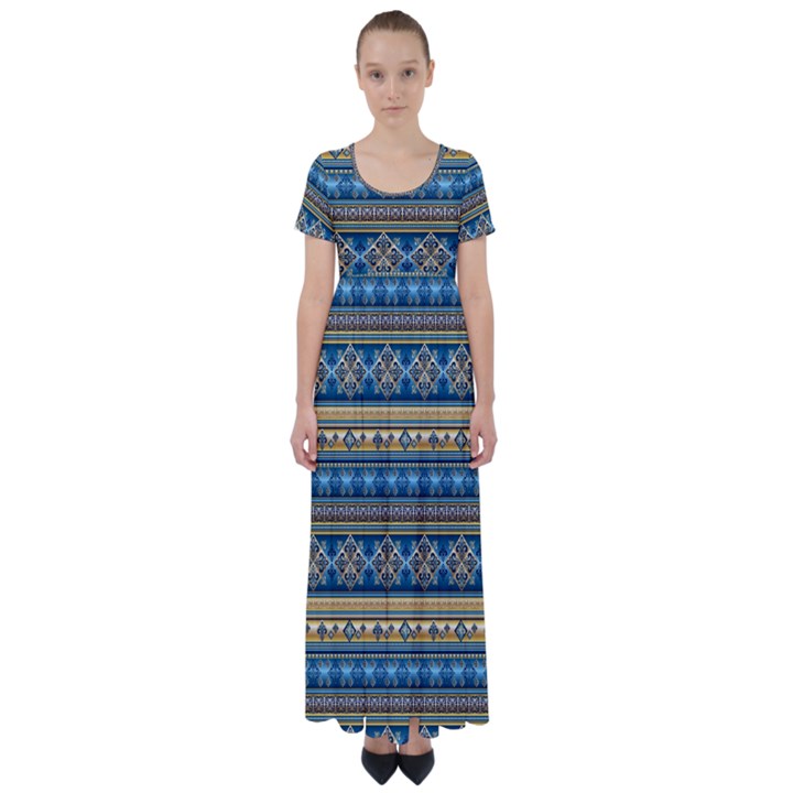 Vintage Border Wallpaper Pattern Blue Gold High Waist Short Sleeve Maxi Dress