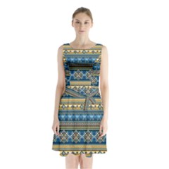 Vintage Border Wallpaper Pattern Blue Gold Sleeveless Waist Tie Chiffon Dress by EDDArt