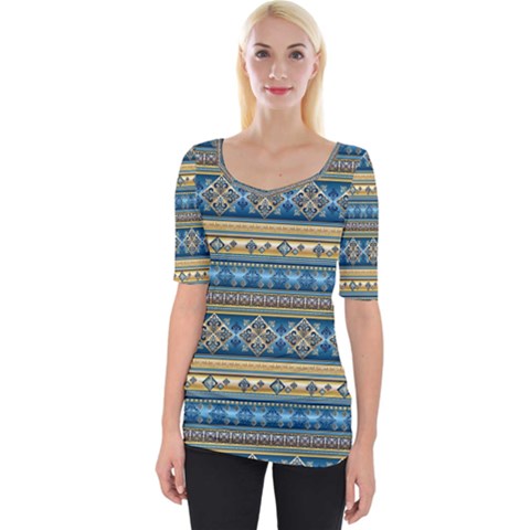 Vintage Border Wallpaper Pattern Blue Gold Wide Neckline Tee by EDDArt