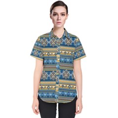 Vintage Border Wallpaper Pattern Blue Gold Women s Short Sleeve Shirt