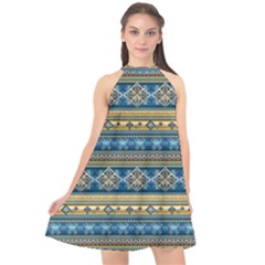 Vintage Border Wallpaper Pattern Blue Gold Halter Neckline Chiffon Dress 