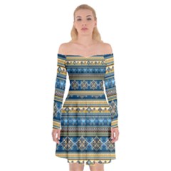 Vintage Border Wallpaper Pattern Blue Gold Off Shoulder Skater Dress by EDDArt