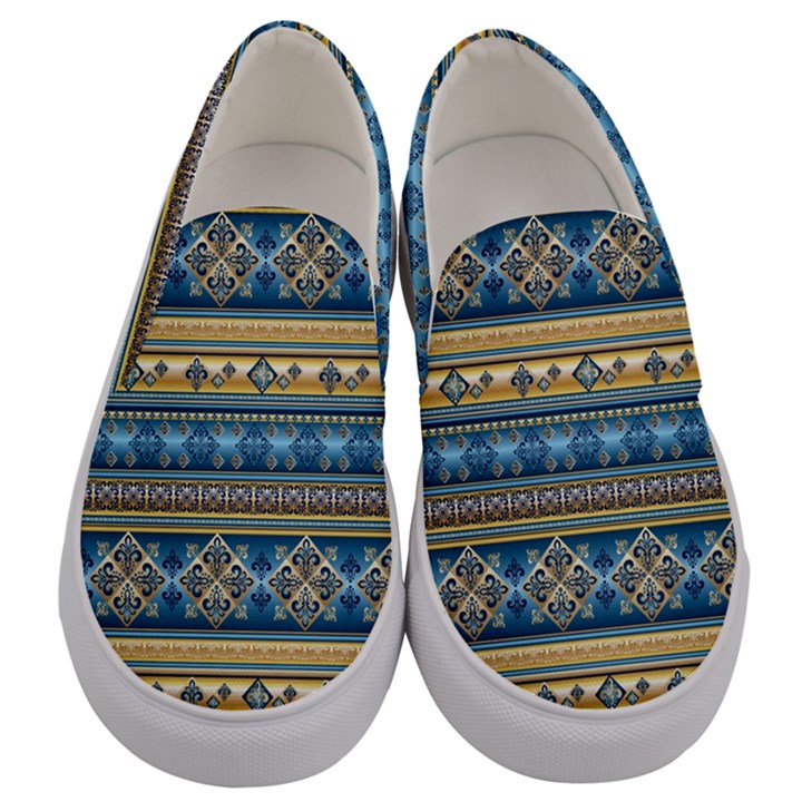 Vintage Border Wallpaper Pattern Blue Gold Men s Canvas Slip Ons