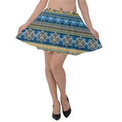 Vintage Border Wallpaper Pattern Blue Gold Velvet Skater Skirt by EDDArt