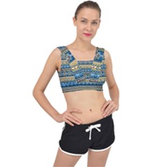 Vintage Border Wallpaper Pattern Blue Gold V-back Sports Bra by EDDArt