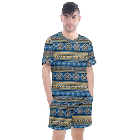 Vintage Border Wallpaper Pattern Blue Gold Men s Mesh Tee And Shorts Set by EDDArt