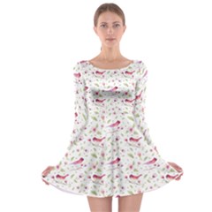 Watercolor Birds Magnolia Spring Pattern Long Sleeve Skater Dress