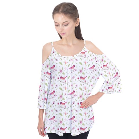 Watercolor Birds Magnolia Spring Pattern Flutter Tees by EDDArt