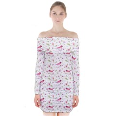 Watercolor Birds Magnolia Spring Pattern Long Sleeve Off Shoulder Dress by EDDArt