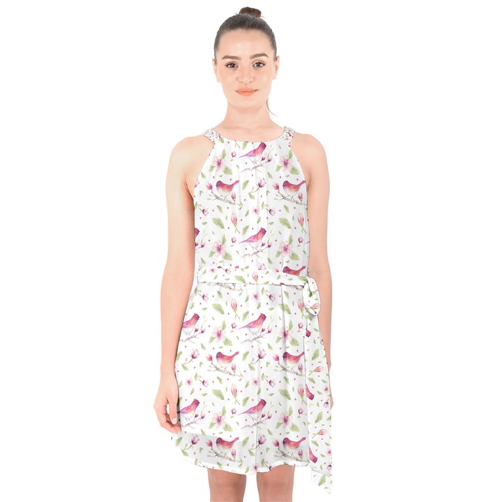 Watercolor Birds Magnolia Spring Pattern Halter Collar Waist Tie Chiffon Dress