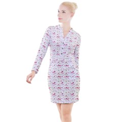 Watercolor Birds Magnolia Spring Pattern Button Long Sleeve Dress by EDDArt