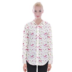 Watercolor Birds Magnolia Spring Pattern Womens Long Sleeve Shirt