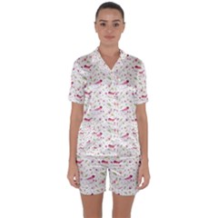 Watercolor Birds Magnolia Spring Pattern Satin Short Sleeve Pyjamas Set