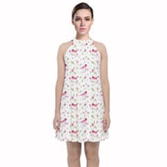 Watercolor Birds Magnolia Spring Pattern Velvet Halter Neckline Dress 