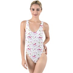 Watercolor Birds Magnolia Spring Pattern High Leg Strappy Swimsuit by EDDArt